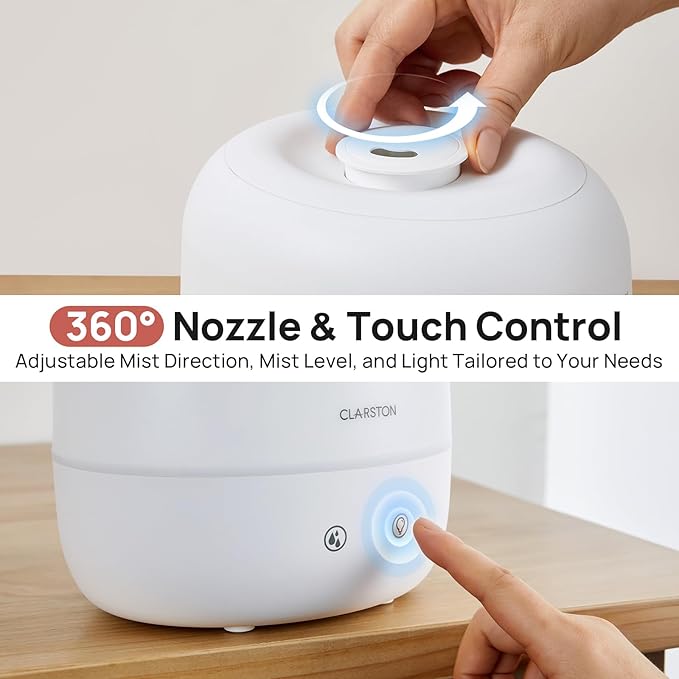 Clarston Humidifiers for Bedroom, 2L Top Fill with 360° Nozzle for Large Room, 7-Color Night Light, 24dB Quiet Cool Mist Air Humidifier for Baby Nursery & Plants, No BPA, Auto Shut Off, Easy to Clean - Image 8