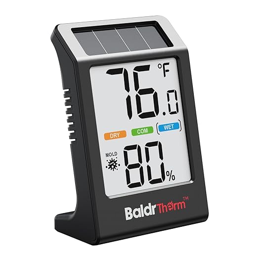 BaldrTherm Room Thermometer Indoor Humidity Meter, Solar-Powered 3.2'' Digital Temperature Sensor Monitor with 5-Comfort Indicator for Baby, Home, Office, Black, 1Pack by BaldrTherm