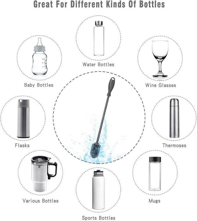 Silicone Bottle Cleaning Brush with Long Handle, 12.5" Water Bottle Cleaner for Baby Bottles, Hydro Flask, Sports Bottle, Vase, Glassware, Perfect for Smaller Diameter Bottle Openings (One Pack) - Image 5