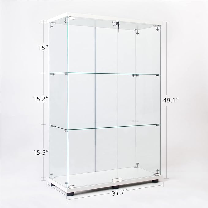 Yoluckea 3 Shelves Glass Display Cabinet with 2 Doors, Curio Collection Glass Display Case for Home Office, Floor Standing Bookshelf Corner Cabinet for Book, Toys, Glory (White) - Image 2