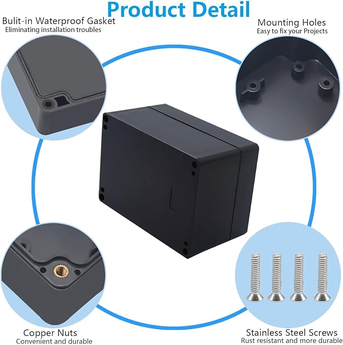 Outdoor Waterproof Junction Box IP67 Project Box ABS Black Electrical Boxes Electronic Enclsoure for DIY Project 6.3 x 4.3 x 3.5 inch (160x110x90mm) - Image 6