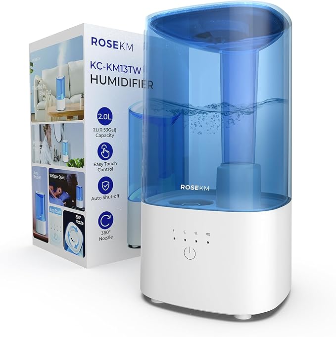 Cool Mist Humidifiers for Bedroom, 2.0L Small Humidifier for Baby and Plant, Last Up to 10H on Max Mist Setting, Auto Shut-Off, Auto-Off Indicator, 360° Nozzle by ROSEKM