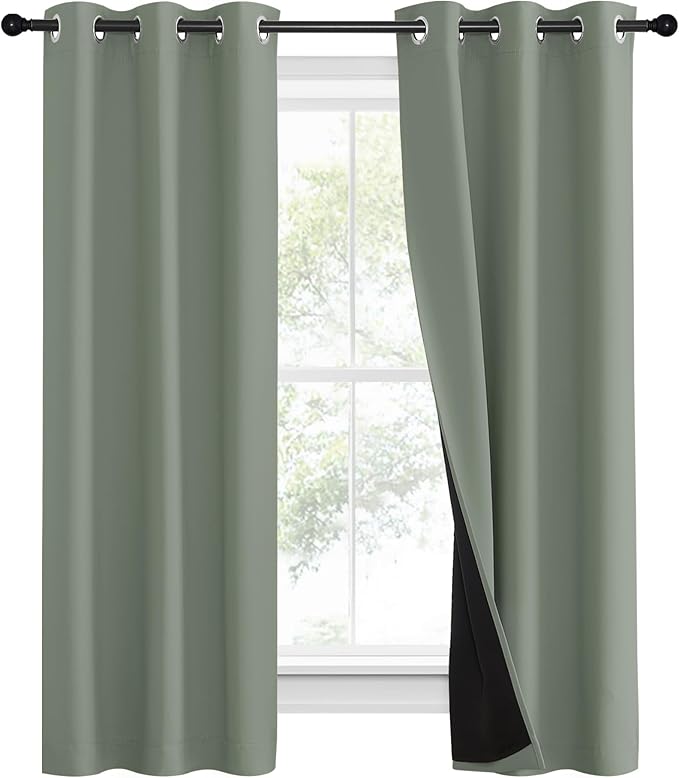 NICETOWN 100% Blackout Window Curtain Panels, Heat and Full Light Blocking Drapes with Black Liner for Nursery, 60" Drop Thermal Insulated Draperies (Greyish Green, 2 Pieces, 37" Wide Each Panel) - Image 2