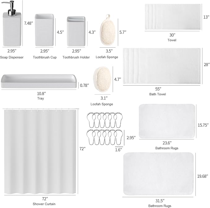 White Bathroom Set, White Bathroom Accessories Set with Shower Curtain and Rugs, Bath Towel Set, Natural Loofah Sponge, Soap Dispenser, Toothbrush Holder, Bathroom Tumbler and Tray for Bathroom - Image 8