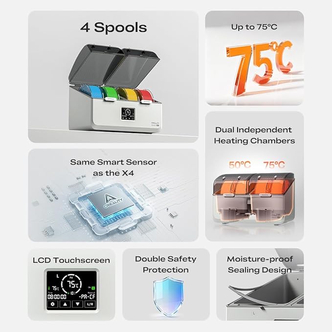 Creality Filament Dryer, Space Pi X4L Filament Storage Box for 4 Spools, Dual Independent Heating Chambers, 75℃ Max Temperature, Compatible with 1.75mm 2.85mm PLA PETG ABS TPU PC PA PAHT - Image 2