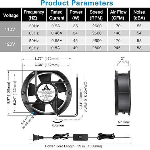 GDSTIME Axial Fan 17251, 110V 120V AC 172mm x 150mm x 51mm Dual Ball Bearing High Speed for DIY Cooling Ventilation Exhaust Projects - Image 6
