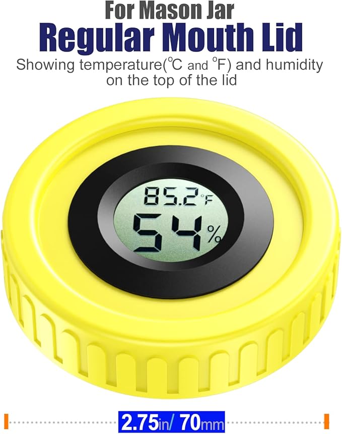 Mason Jar Lids Built-In Stash Hygrometer Herb Curing monitor fits all Wide Mouth/Regular Mouth Mason Jars humidity lid 2pcs (70mm, Yellow) - Image 2