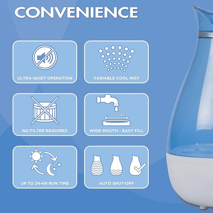 HealthWise Cool Mist Ultrasonic Humidifier | For Medium Size Rooms | No Filter Required | 24 Hour Run Time, Blue, 2.6L - Image 7