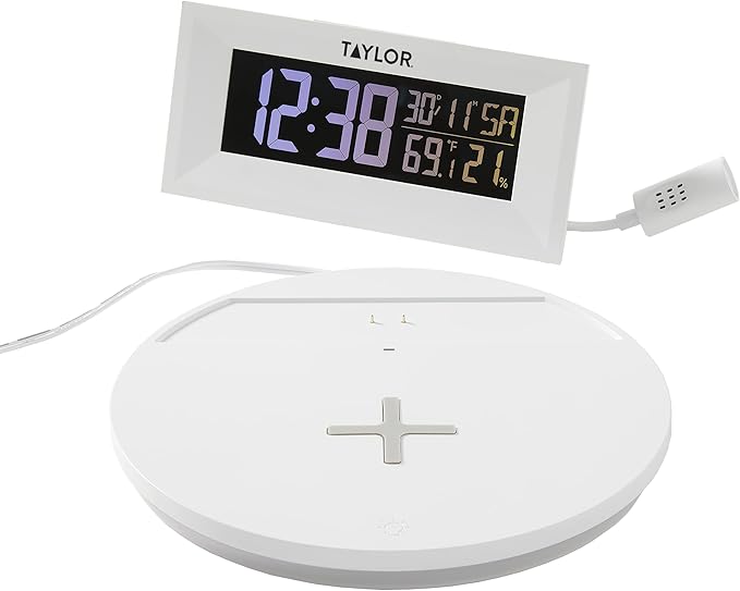 Taylor Digital Weather Station with Wireless Smart Device Charging, Indoor Temperature and Humidity, Clock with Alarm, Calendar, Changeable Glow Light, White - Image 4
