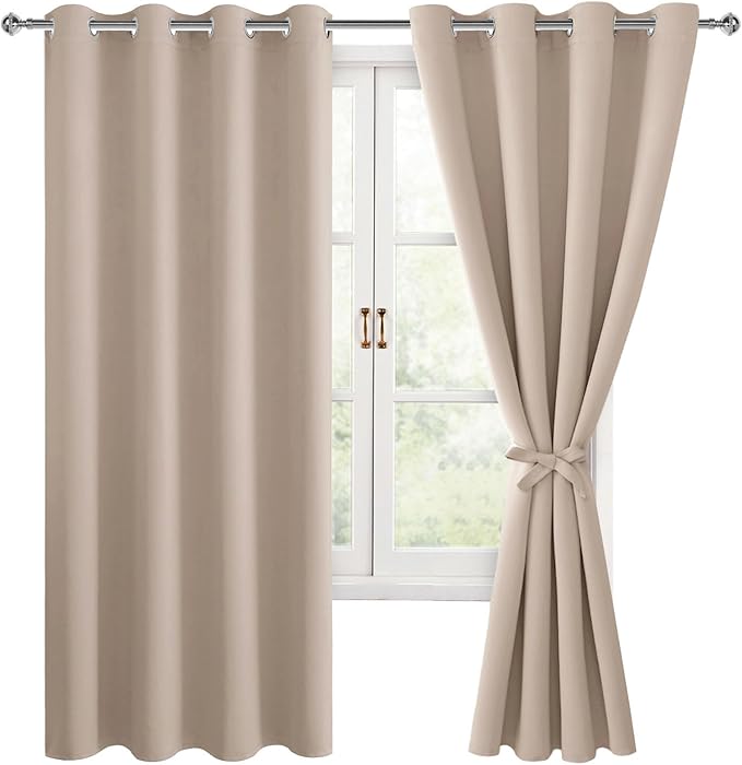 Hiasan Blackout Curtains for Bedroom, 52 x 63 Inches Length - Thermal Insulated & Light Blocking Window Curtains for Living Room/Kids Room, 2 Drape Panels Sewn with Tiebacks, Camel by Hiasan