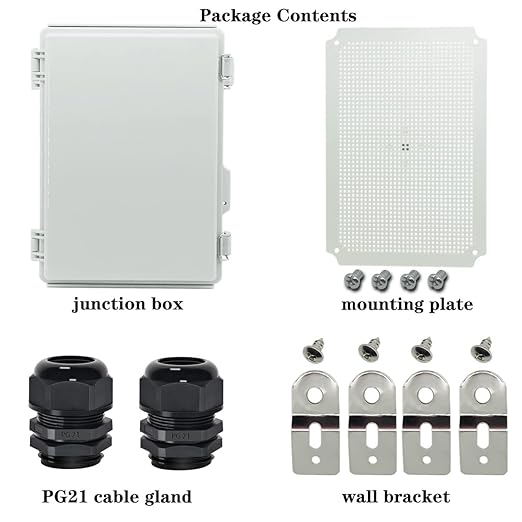 Zulkit Junction Box,IP67 Waterproof Electrical Box Hinged Cover Stainless Steel Buckle Plastic Enclosure for Project w Mounting Plate Wall Bracket and 2 Cable Gland Grey 15"x11"x5.1"/380x280x130mm - Image 6