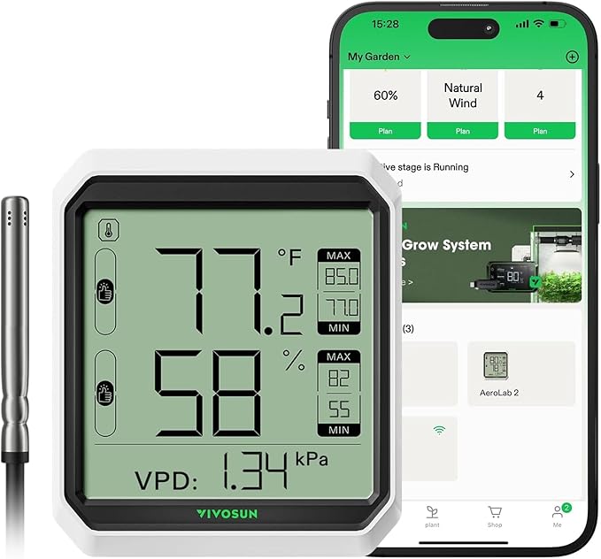 VIVOSUN AeroLab THB1S Wireless Bluetooth Hygrometer Thermometer Indoor, VPD, Digital Temp Humidity Meter, LCD Smart App Control & Alert, Data Storage, Dual Channels with Sensor Probe, Battery Included by VIVOSUN