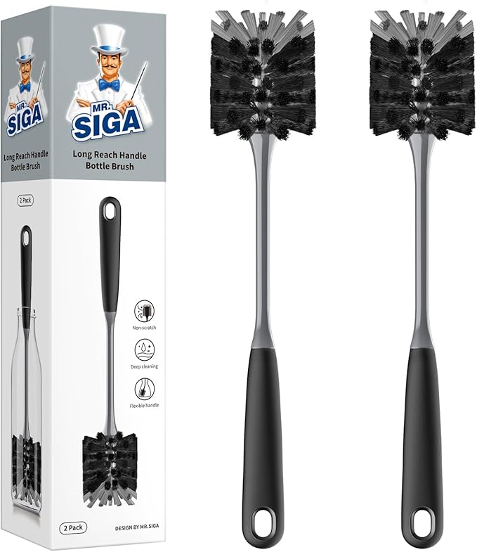 MR.SIGA Long Handle Bottle Brush, Flexible Scrub Brush for Water Bottles, Glasswares, Mugs, Black, 2 Pack by MRSIGA