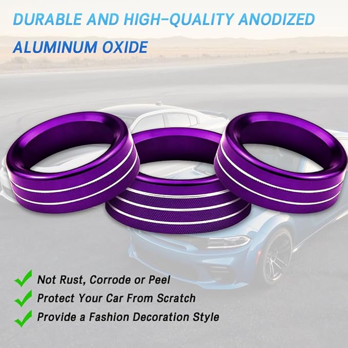 3PCS Air Conditioner Switch Button Knob Cover, Auto Accessories Climate Control Knob Covers, Aluminum Alloy Knob Ring Trim Cover Compatible with Dodge Challenger Durango 2015-2022 (Purple) - Image 7