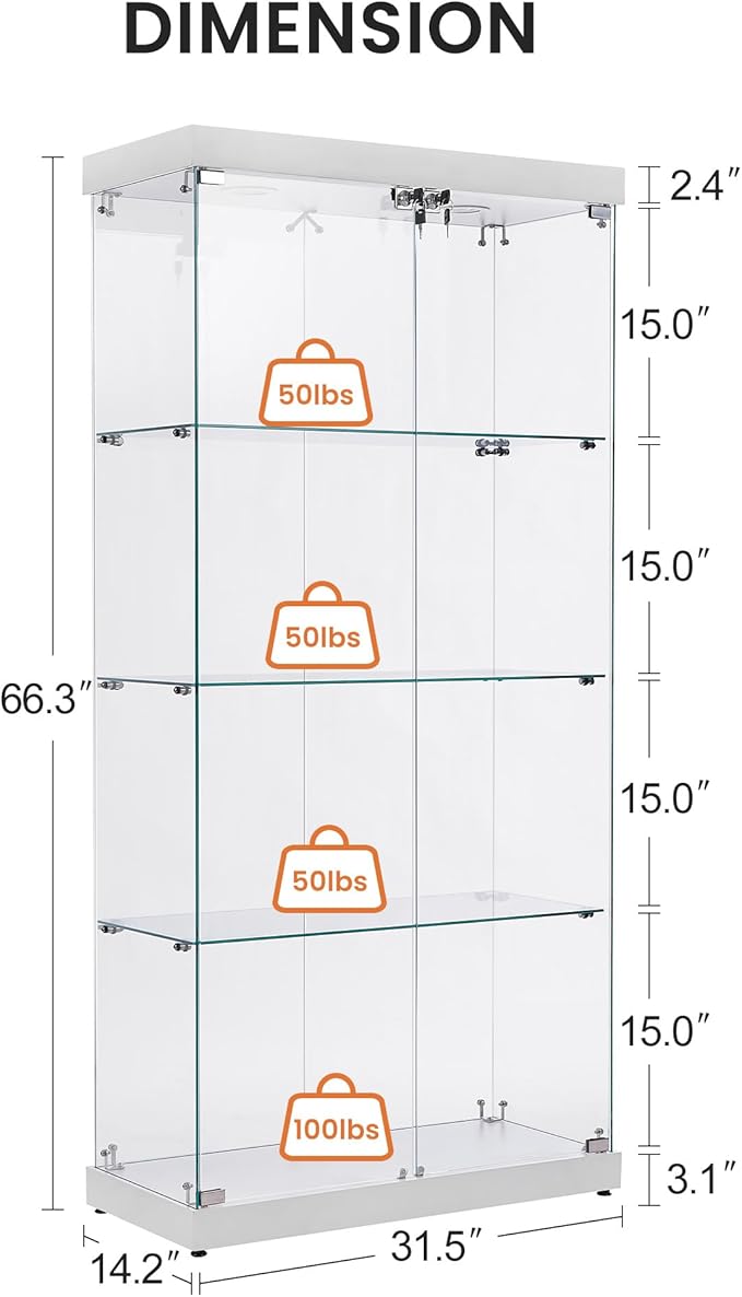 Yoluckea 4 Shelves Glass Display Cabinet with Light and 2 Doors, Floor Standing Clear Glass Curio Cabinet Collection Display for Living Room Bedroom 66.3” x 31.5” x 14.2” White - Image 2