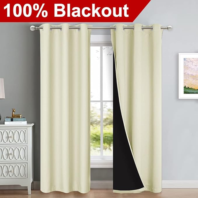 NICETOWN Room Warming Blackout Curtains 80 inches Long, Full Light Blocking Drapes with Black Liner for Nursery, Thermal Insulated Draperies for Hall, Villa (Beige, 2 Pieces, 42" Wide Each Panel) - Image 2