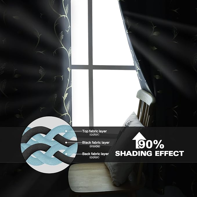 BUHUA Blackout Curtains Gold Foil Print Flower Vine Grommet Drapes, Room Darkening Thermal Insulated Curtains, Noise Reducing Blackout Curtain for Bedroom, Navy Blue, 38Wx84L, 2 Panels - Image 5