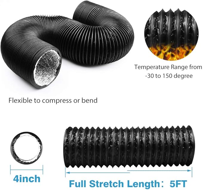 YIJUHOU 4 Inch 5 Feet Dryer Vent Hose, Flexible Aluminum Air Ducting for HVAC Ventilation, Fan Filter and Grow Tent, 2 Clamps Include - Image 2