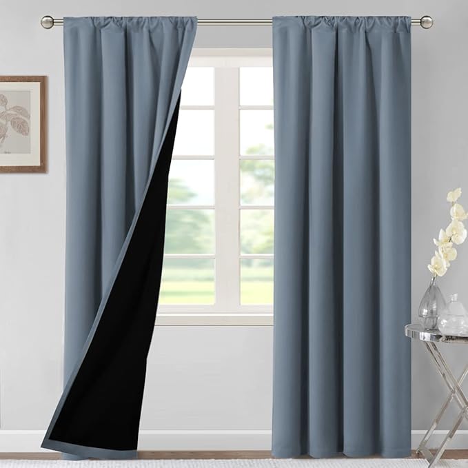H.VERSAILTEX 100% Blackout Curtains for Bedroom 42 Inches Wide Thermal Insulated Blackout Curtains 84 Inches Long Rod Pocket Curtains for Living Room with Black Liner 2 Panels Set, Stone Blue by HVERSAILTEX