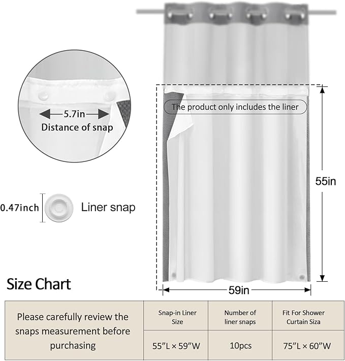 Snap-in Fabric Replacement Liner 59" W x 55" L, for 60" W x 72" L No Hook Shower Curtain - Image 2