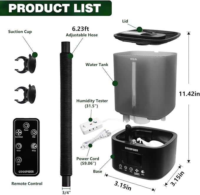 Coospider 5L Reptile Fogger Humidifier, Automatic Humidifiers for Reptiles Tank, Terrarium Humidifiers with Timer and Humidity Control, Reptile Misting System for Reptiles Amphibians Herps Vivarium - Image 9
