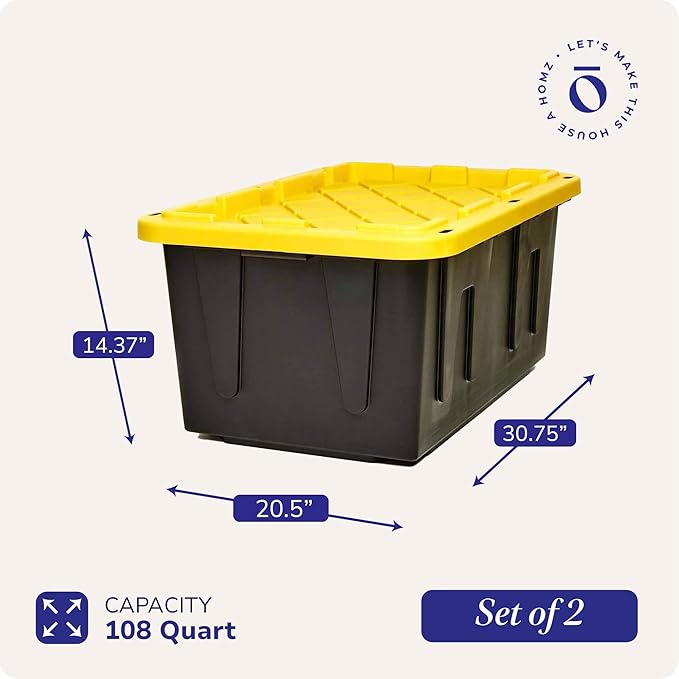 HOMZ 2-Pack Durabilt, Heavy Duty Plastic Storage Bins with Lids, 27 Gallon, Black/Yellow - Stackable Container Boxes for Home, Attic, and Garage Organization - Image 4