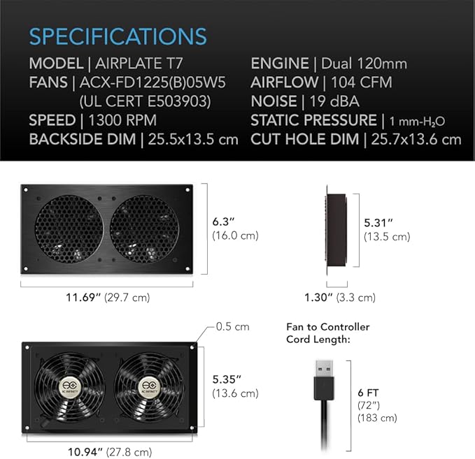 AC Infinity AIRPLATE T7, Quiet Cooling Fan System 12" with Thermostat Control, for Home Theater AV Cabinets - Image 6