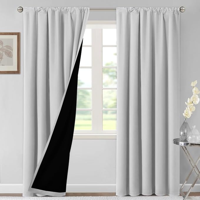 H.VERSAILTEX 100% Blackout Curtains for Bedroom Thermal Insulated Blackout Curtains 84 Inches Long Rod Pocket Window Drapes for Living Room with Black Liner 2 Panels Set, Greyish White by HVERSAILTEX