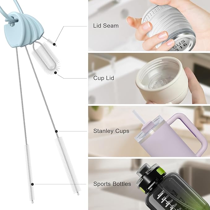 YOTIME Standing Straw Cleaner Brush Set, 4in1 Reusable Straw Brushes with Holder Ring, for Wide and Narrow Straws, Tumblers, Water Bottles and Cups, Blue - Image 5
