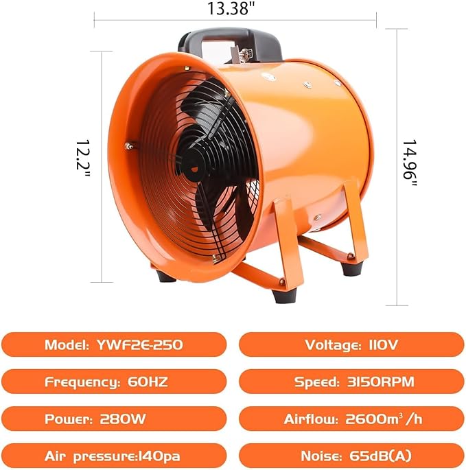 10-Inch High-Velocity Portable Utility Blower Fan, Industrial Exhaust Fan with 16.4ft Flexible Duct Hose, 3150 RPM Low-Noise Ventilator for Basements, Workshops, Warehouses, and Confined Spaces - Image 3