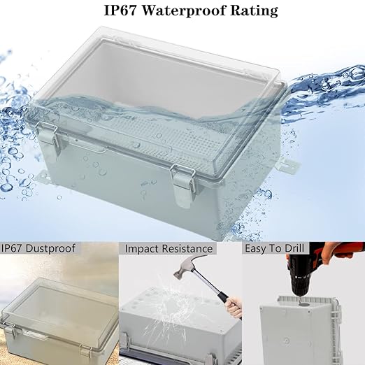 Zulkit Junction Box IP67 Waterproof Electrical Box Hinged Clear Cover Stainless Steel Latch Plastic Enclosure for Project w Mounting Plate Wall Bracket and 2 Cable Gland 13.8"x9.8"x5.9"/350x250x150mm - Image 3