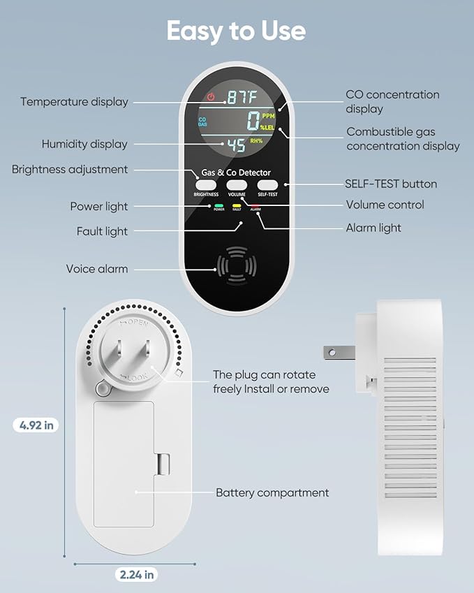5-in-1 Carbon Monoxide Detectors, Natural Gas Leak Detector, Plug-in & Battery Backup Portable Co Detector, Co Gas Temp Humidity Sensor, HD Display Screen Vilfet, 1-Pcs, Black - Image 4