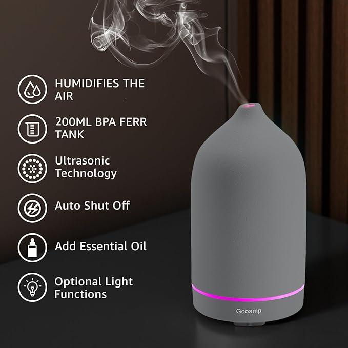 200ML Ceramic Essential Oil Diffuser - Ultrasonic Aromatherapy & Humidifier with 7-Color LED Lights, Auto Shut-Off, Grey, 1H/3H/6H Timer | Scent for Home,Office,Yoga - Image 3