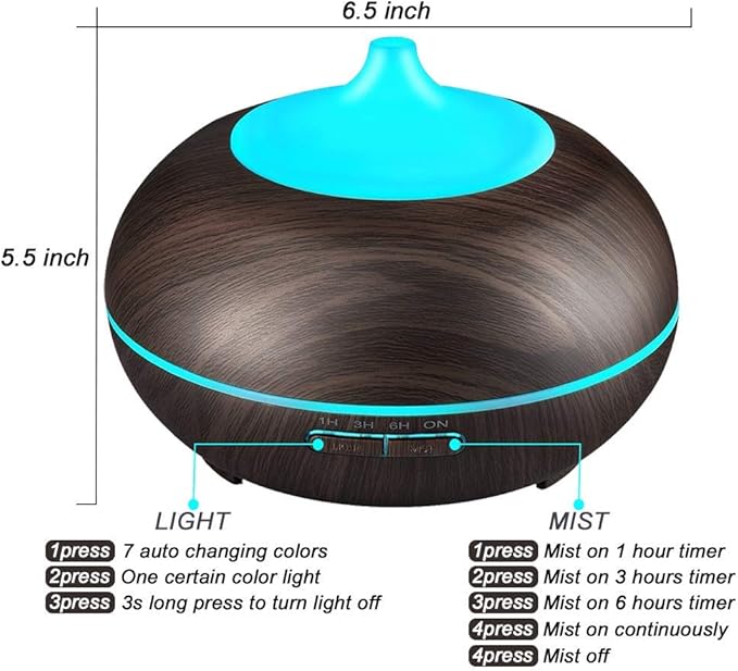 Aromatherapy Essential Oil Diffuser, JoySusie 300ml Wood Grain Ultrasonic Cool Mist Whisper-Quiet Humidifier with Color LED Lights Changing & 4 Timer Settings, Waterless Auto Shut-Off for Spa Baby - Image 5