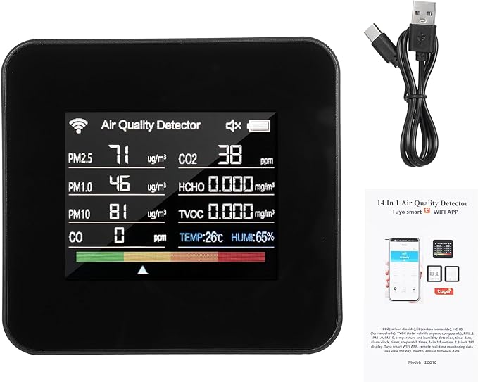 14 in 1 Indoor Air Quality Monitor Air Quality Detector CO₂ CO TVOC HCHO Temperature Humidity PM2.5 PM1.0 PM10 Desktop Air Quality Tester with Time/Date/Alarm Clock/Timer/Stopwatch Support APP Control - Image 9
