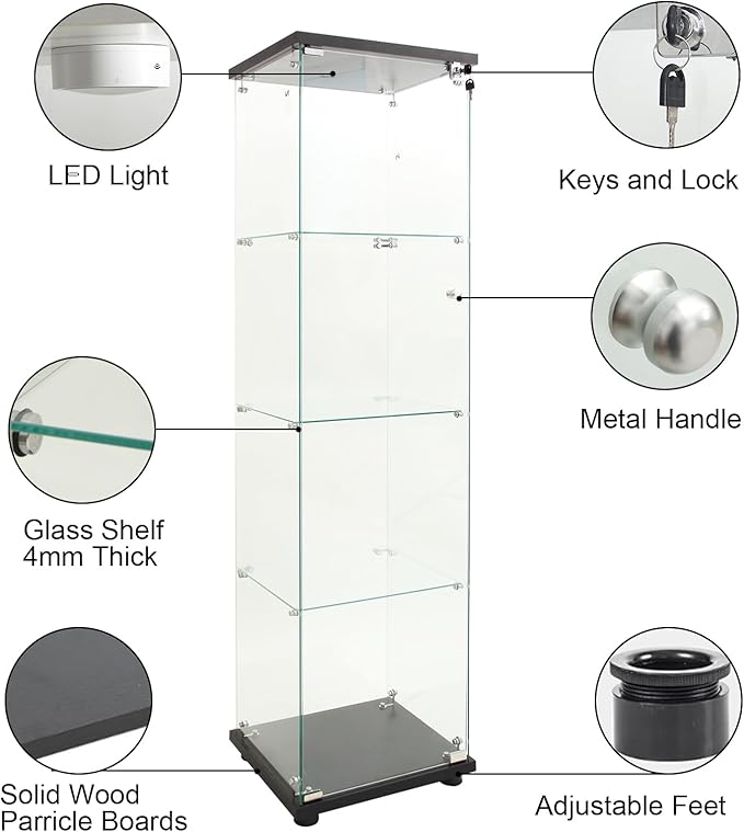 Yoluckea 4 Shelves Glass Display Cabinet with LED Light and Door, Curio Collection Glass Display Case for Home Office, Floor Standing Bookshelf Corner Cabinet (Black) - Image 7