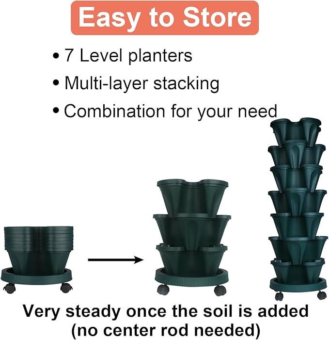 DUNCHATY Stackable Planter, Vertical Garden Planter with Wheels and Tools, Self Watering Strawberry Planter Indoor/Outdoor 7 Tier Herb Planter Pots for Growing Vegetables and Succulents,Pine Green - Image 6