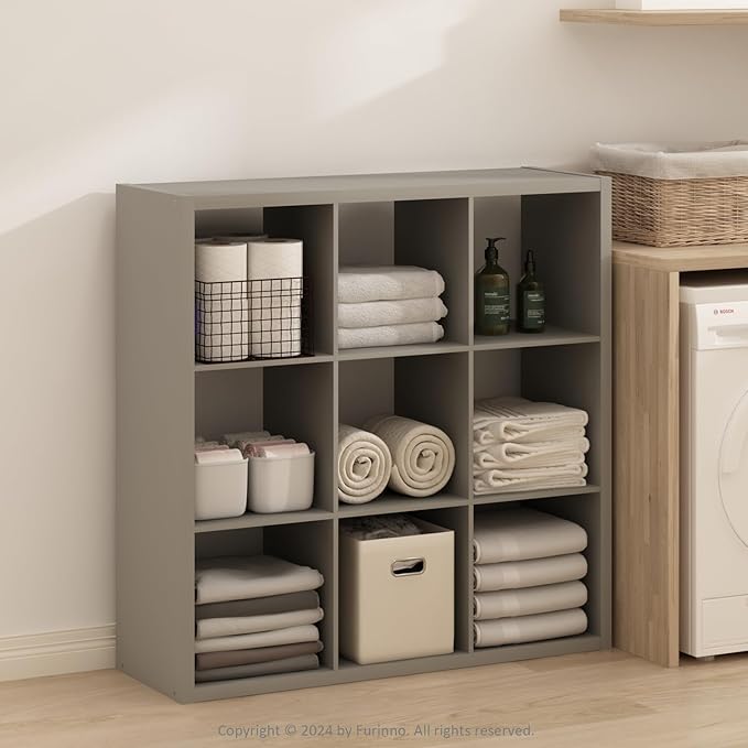 Furinno Simple Cube Storage Organizer, 9-Cube Display Shelf, Open Back Shelving Unit, Storage Shelves, Extra Thick Frame, for Organization and Storage, Living Room, Home Office, Light Grey - Image 2