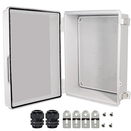 Zulkit Junction Box,IP67 Waterproof Electrical Box Hinged Cover Stainless Steel Buckle Plastic Enclosure for Project w Mounting Plate Wall Bracket and 2 Cable Gland Grey 15"x11"x5.1"/380x280x130mm by Zulkit