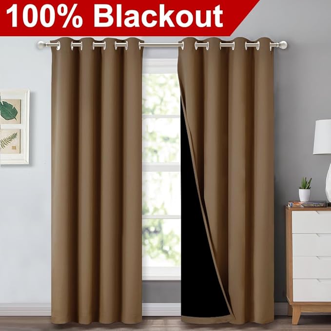 NICETOWN 100% Blackout Window Curtain Panels, Heat and Cold Blocking Drapes with Black Liner for Nursery, 84 inches Drop Thermal Insulated Draperies (Gold Brown, 2 Pieces, 52 inches Wide Each Panel) - Image 2