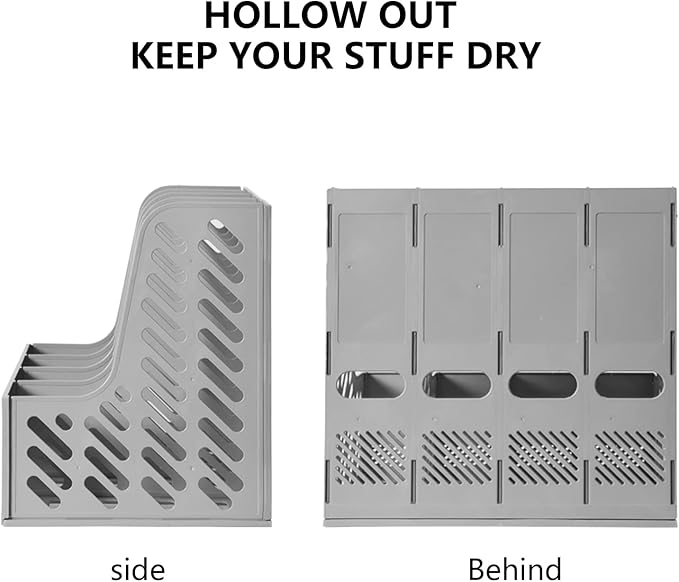 SAYEEC Magazine File Holder, Plastic Desktop File Folder Organizer with 4 Large Compartments, Vertical Desk Binder Organizer Office Organization and Storage File Holder for Desk, School, Home (Grey) - Image 4