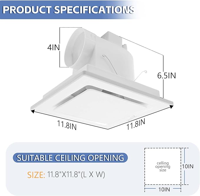 Bathroom Fan Ceiling Mount Exhaust Ventilation,141 CFM 0.7 Sones,4 Inches Duct,White,Very Quiet Ventilation and Exhaust Fan - Image 2