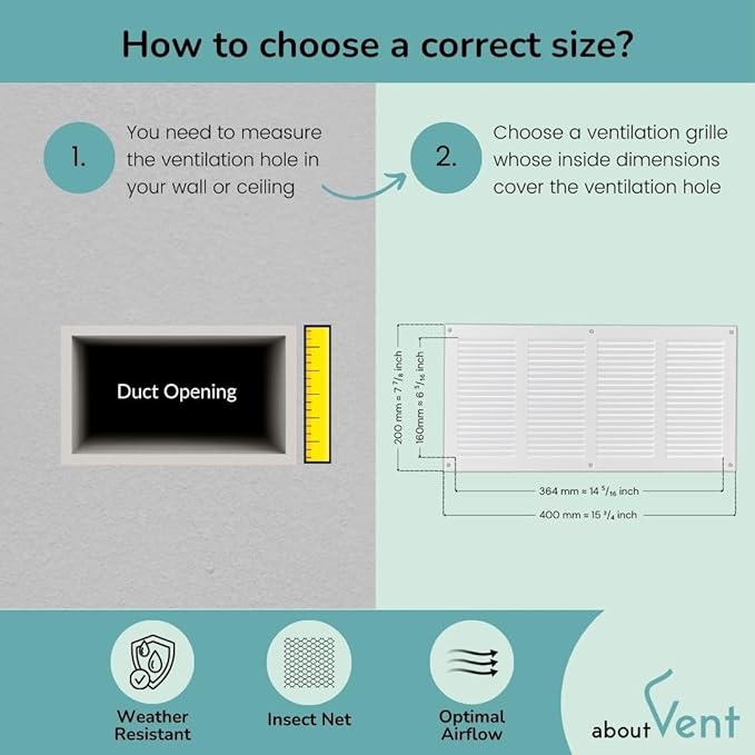 14x6 inch (Duct Opening) Vent Cover - White Ventilation Covers for Wall and Ceiling - Metal Return Grille - HVAC AC Air Vents Register for Indoor and Outdoor Use with Mesh - Image 6