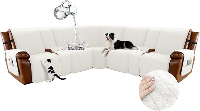 Arfntevss Waterproof Recliner Sectional Couch Covers for Reclining L Shape Sofa Cover Non Slip Washable L Shaped Slipcover Sets for Dog Furniture Protector (5 Seat with 2 Console Cover, Cream White) by Arfntevss