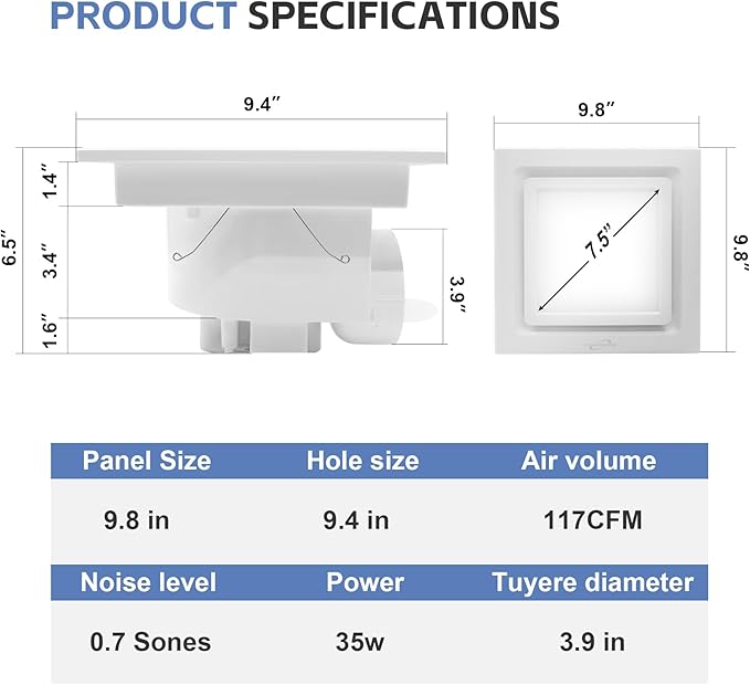 Bathroom Exhaust Fan with Light,9.8 in Panel,6000K 12W Square LED,117CFM 0.7 Sones 4 Inches Duct 115V,Quiet Bathroom Ventilation Exhaust Fan for Shower/Restroom/Office/Home (6000K LED) - Image 2