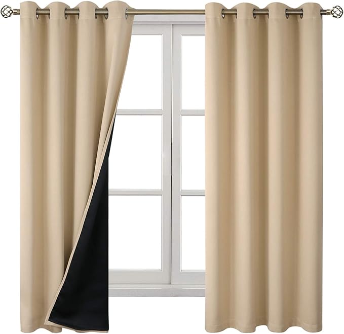 BGment Thermal Insulated 100% Blackout Curtains for Bedroom with Black Liner, Double Layer Full Room Darkening Noise Reducing Grommet Curtain (52 x 72 Inch, Beige, 2 Panels) - Image 9