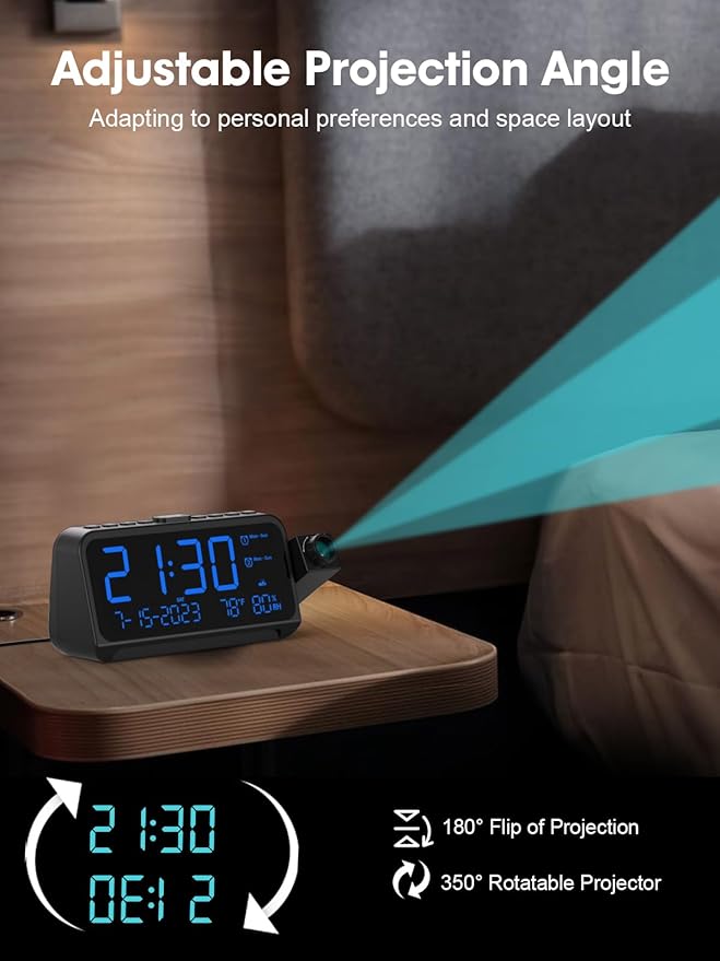 ROCAM Projection Alarm Clock for Bedroom Ceiling, Digital Clock with 180° Projector with 5-Level Dimmer, Dual Loud Alarm with Weekend/Weekday Mode, Date, Temp, Humidity, Night Light, DST, Snooze - Image 4