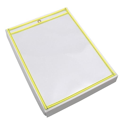 Box USA Neon Stitched Job Ticket Holders, Top Loading, 9 x 12", Clear with Neon Yellow Edging, Reusable Vinyl, Dry Erase, Use to Protect/Store Documents in The Office and Warehouse, Case of 15 by BOXUSA
