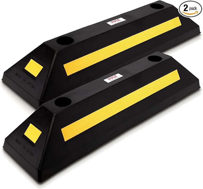 Pyle 2-Pack Heavy Duty Rubber Wheel Stops for Garage Parking – Durable, High-Visibility Tire Blocks for Cars, Trucks, Vans, RVs, Trailers, Forklifts – Reflective Safety Strip Included by PyleUSA