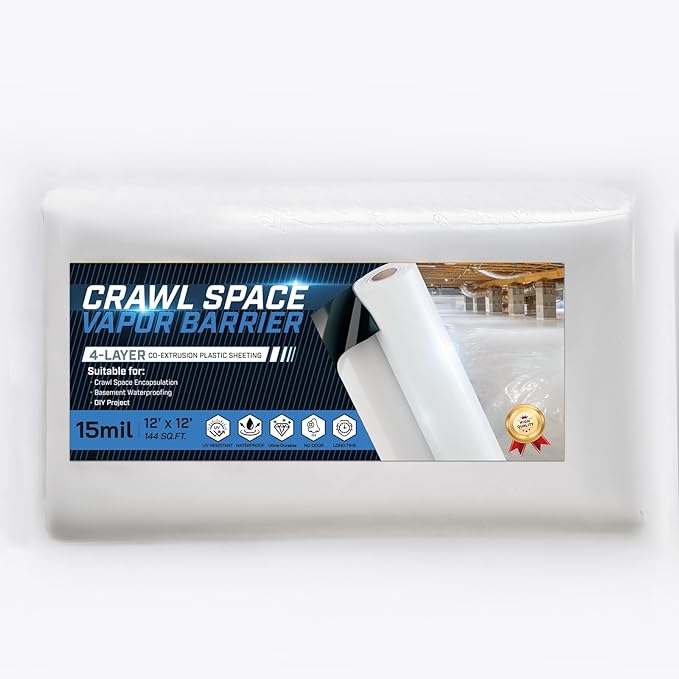 Crawl Space Vapor Barrier - 15 Mil Vapor Barrier - (12' x 12'), Tear Resistant, Heavy Duty Vapor Barrier Plastic, Drop Cloth Moisture Barrier Plastic Sheeting Covering for Crawlspace Encapsulation by VAPLINX